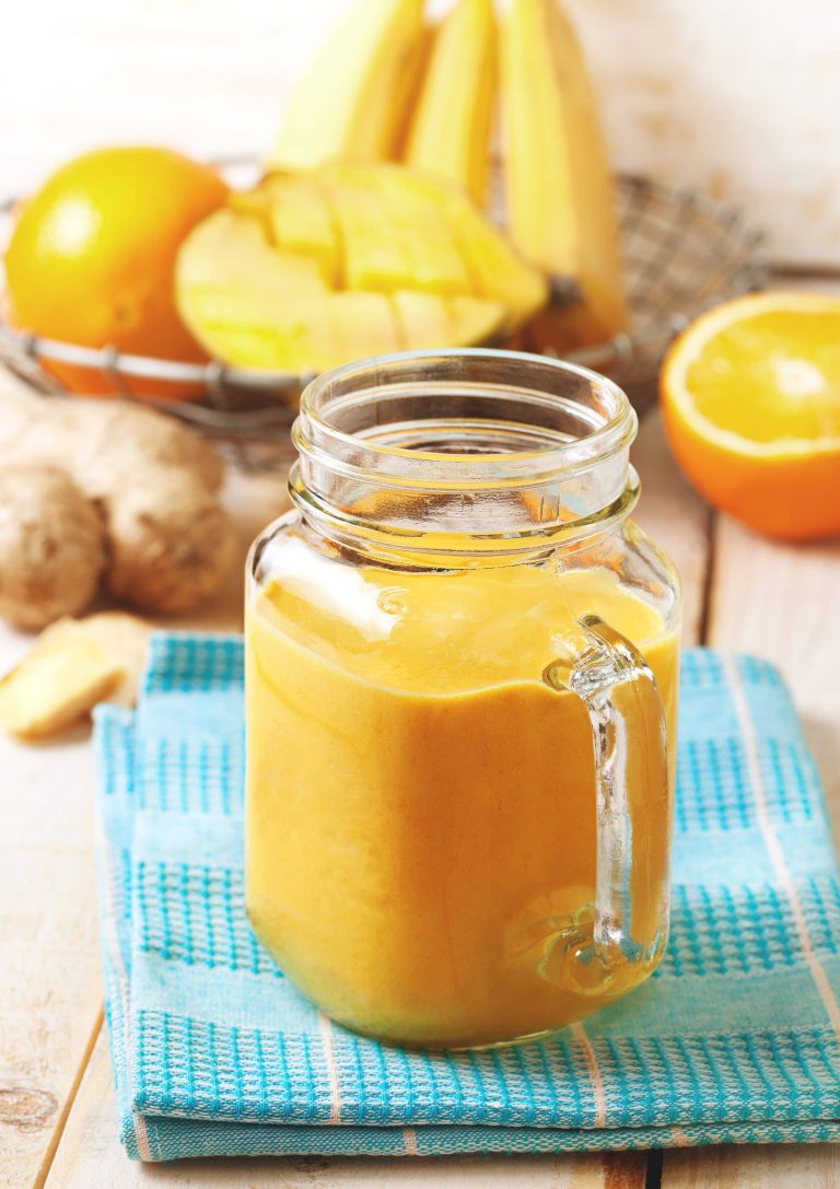 mango detox smoothie of banana, orange, mango, ginger
