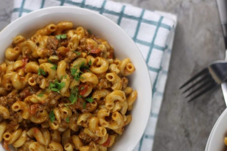 Top corner View of Instant Pot Cheeseburger Macaroni Hamburger Helper