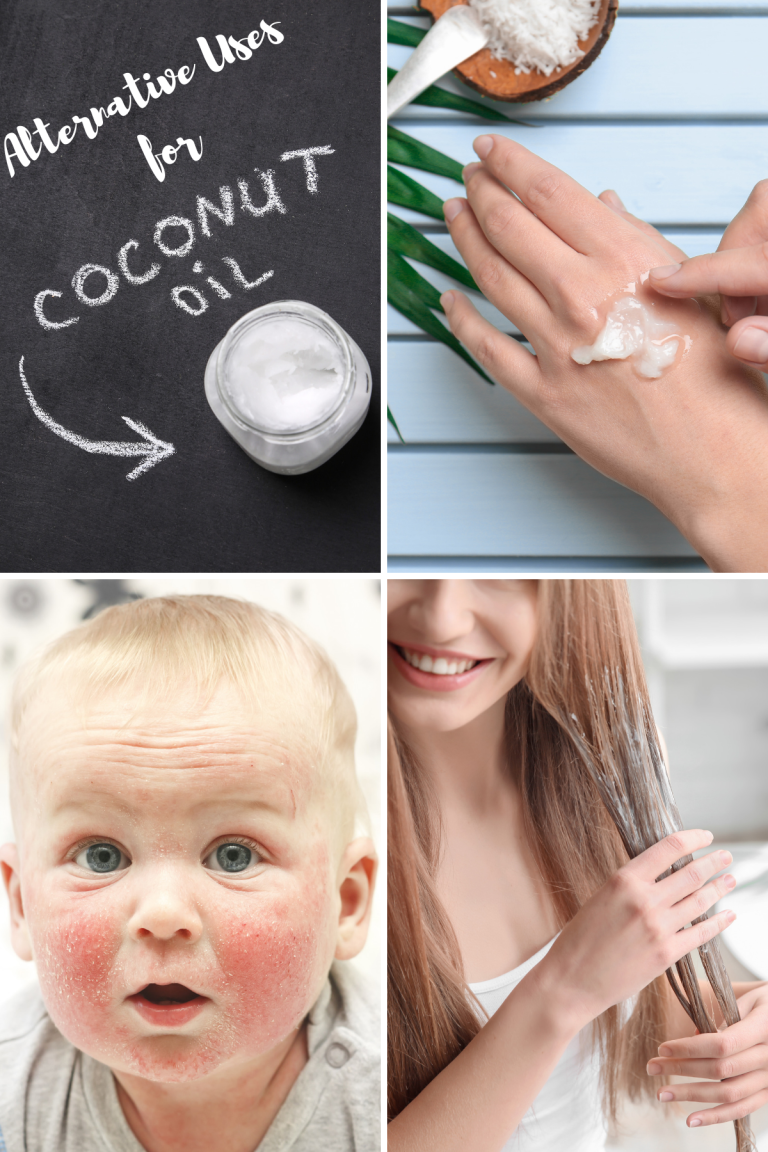 colloage of uses for coconut oil, putting on skin, in hair and a baby with eczema