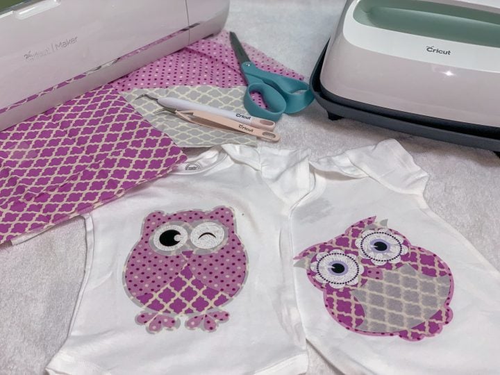 cricut maker fabric appliqué with owls made out of vinyl and fat quarters