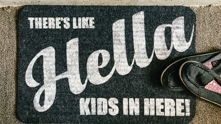finished gray dollar tree doormat with white letters