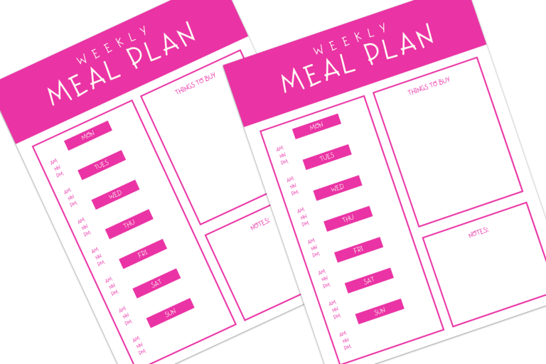 two copies of pink and white themed printable meal planner with three sections: days of the week, things to buy, and notes