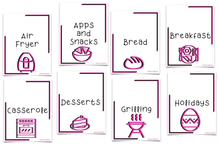 eight of the 16 categories that come with the recipe binder with pink and white color scheme