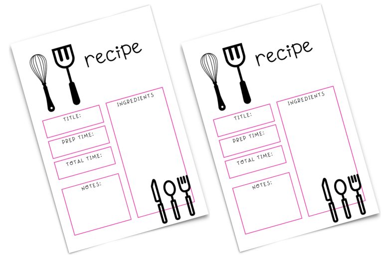 two copies of pink and white themed recipe card with five sections: title, prep time, total time, notes, and ingredients; whisk and spatula doodle on top left; knife, spoon, and fork doodle on bottom right