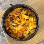 baking pan with keto mac and cheese cooked until golden brown