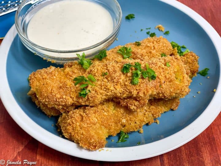 keto air fried pickles on a blue plate
